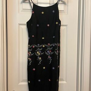 Vintage Isabel Ardee Black Linen Floral Embroidered Midi Dress